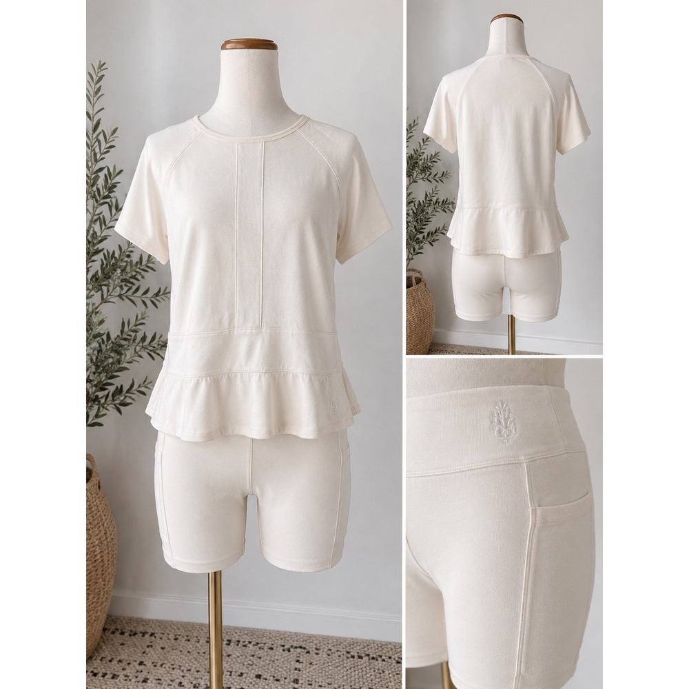 FP Movement Cream Peplum Top and Biker Shorts Set Large Ivory Activewear
